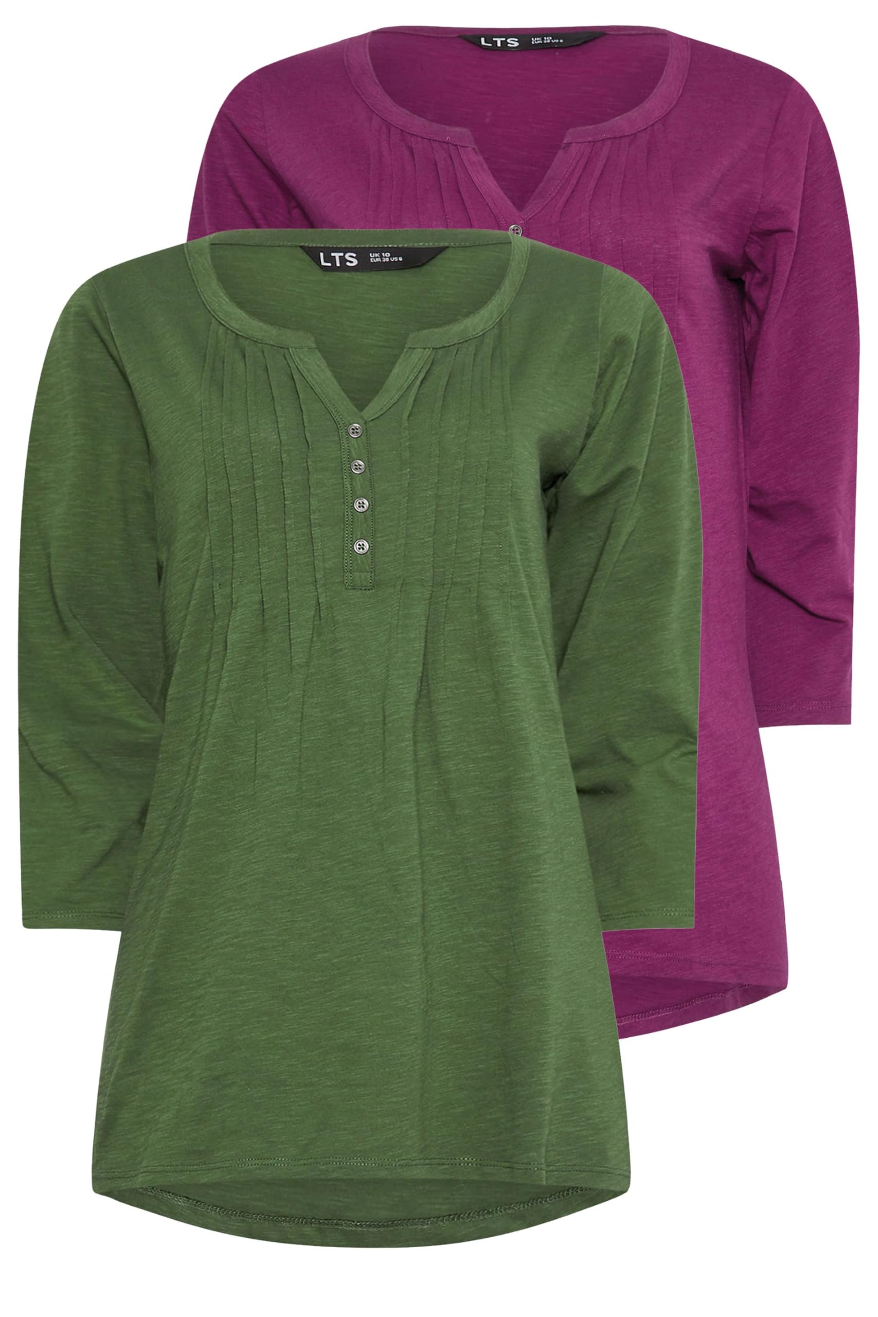 Long Tall Sally 2 Pack Henley Tops - Dark Green Cotton - 3/4 Sleeve - Notch Neck
