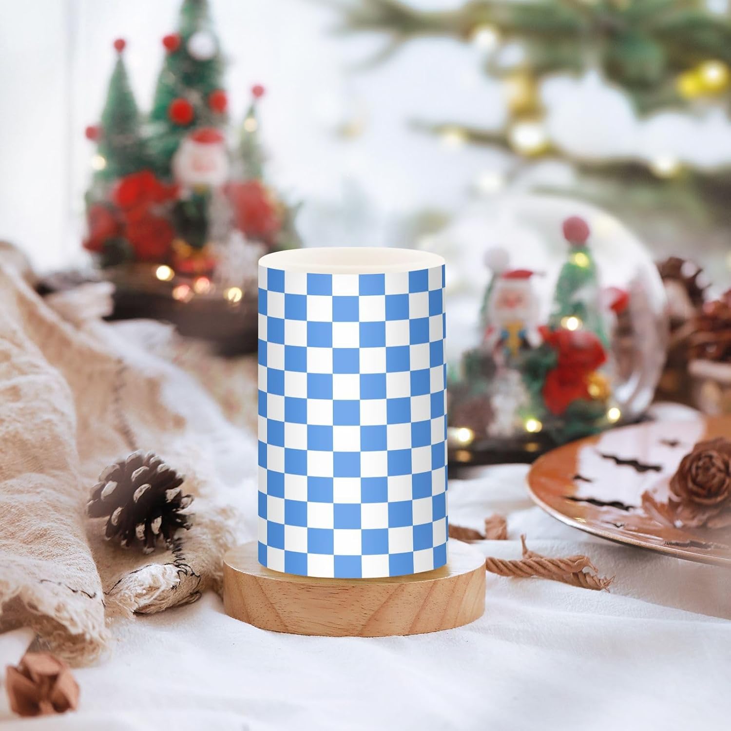 Light Blue White Checkered Flickering Flameless Candles LED Battery Operated with Remote Timer Pillar Candles for Home Birthday Wedding Christmas Decor, Set of 2