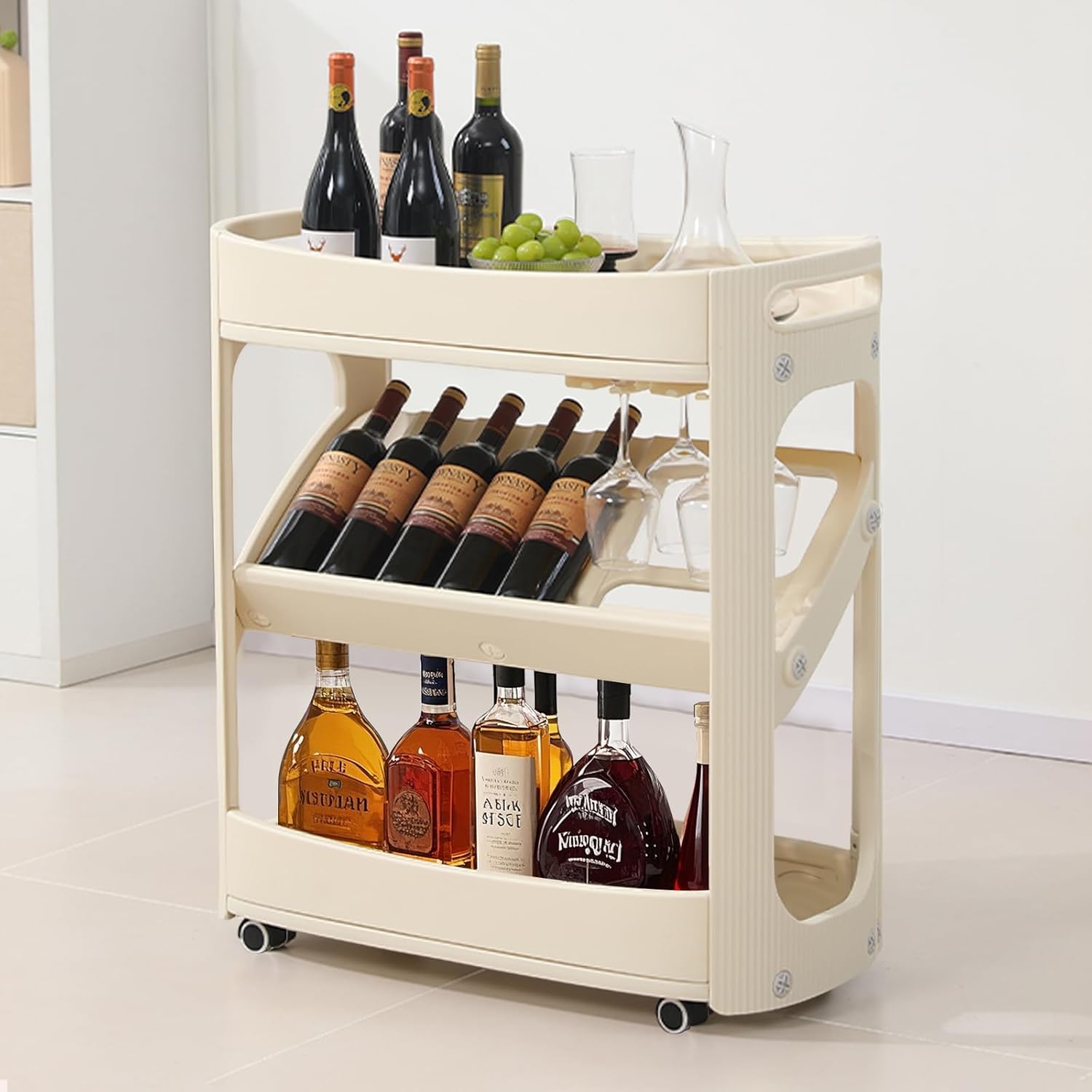 3-tier utility rolling cart with wheels, bar cart for the home, mobile kitchen storage cart, kitchen storage with wine holders, utility rack, ideal for kitchen, living room, bathroom