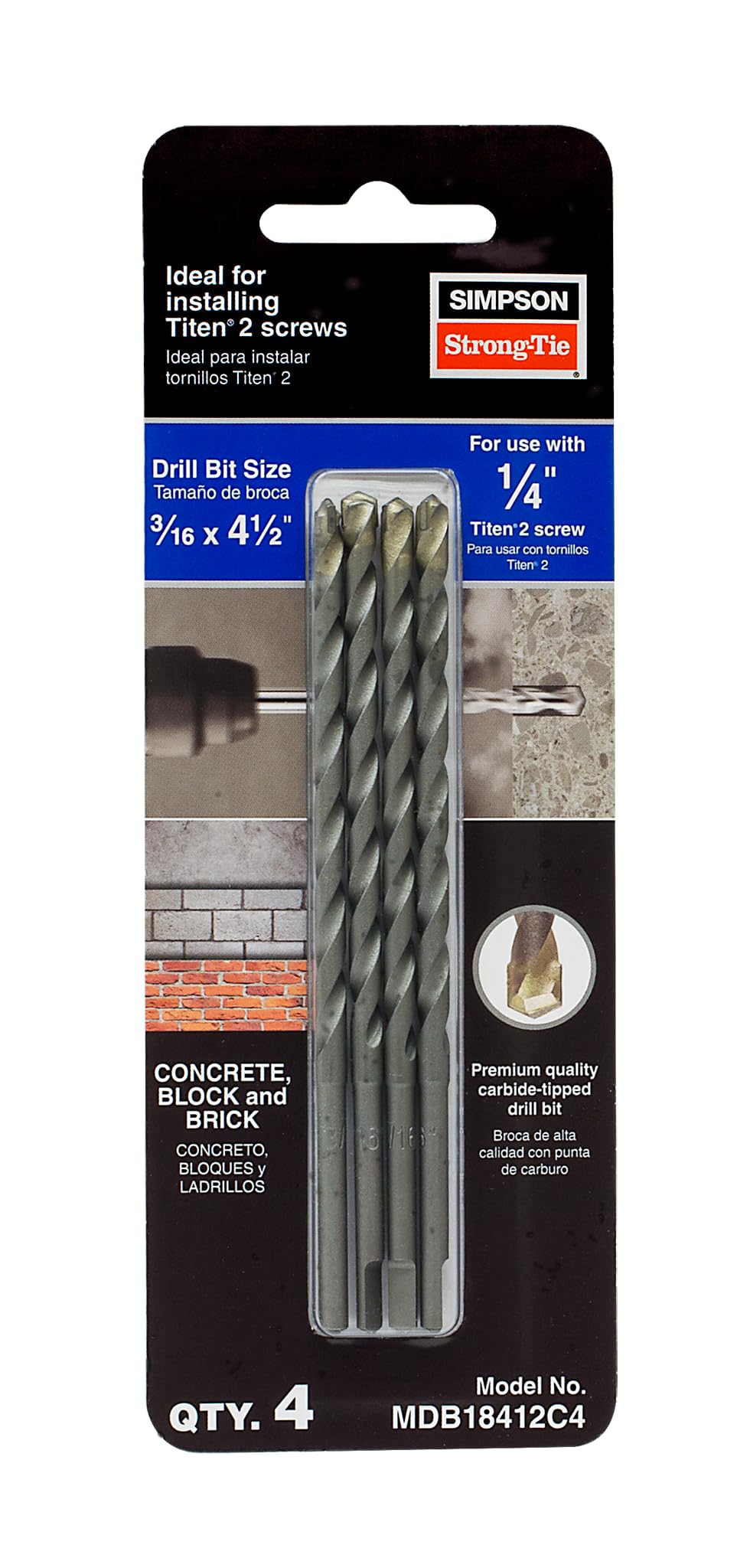 Simpson Strong-Tie MDB18412C4 Titen Turbo 3/16 in. x 4-1/2 in. Screw-Anchor Drill Bit (4-Qty)