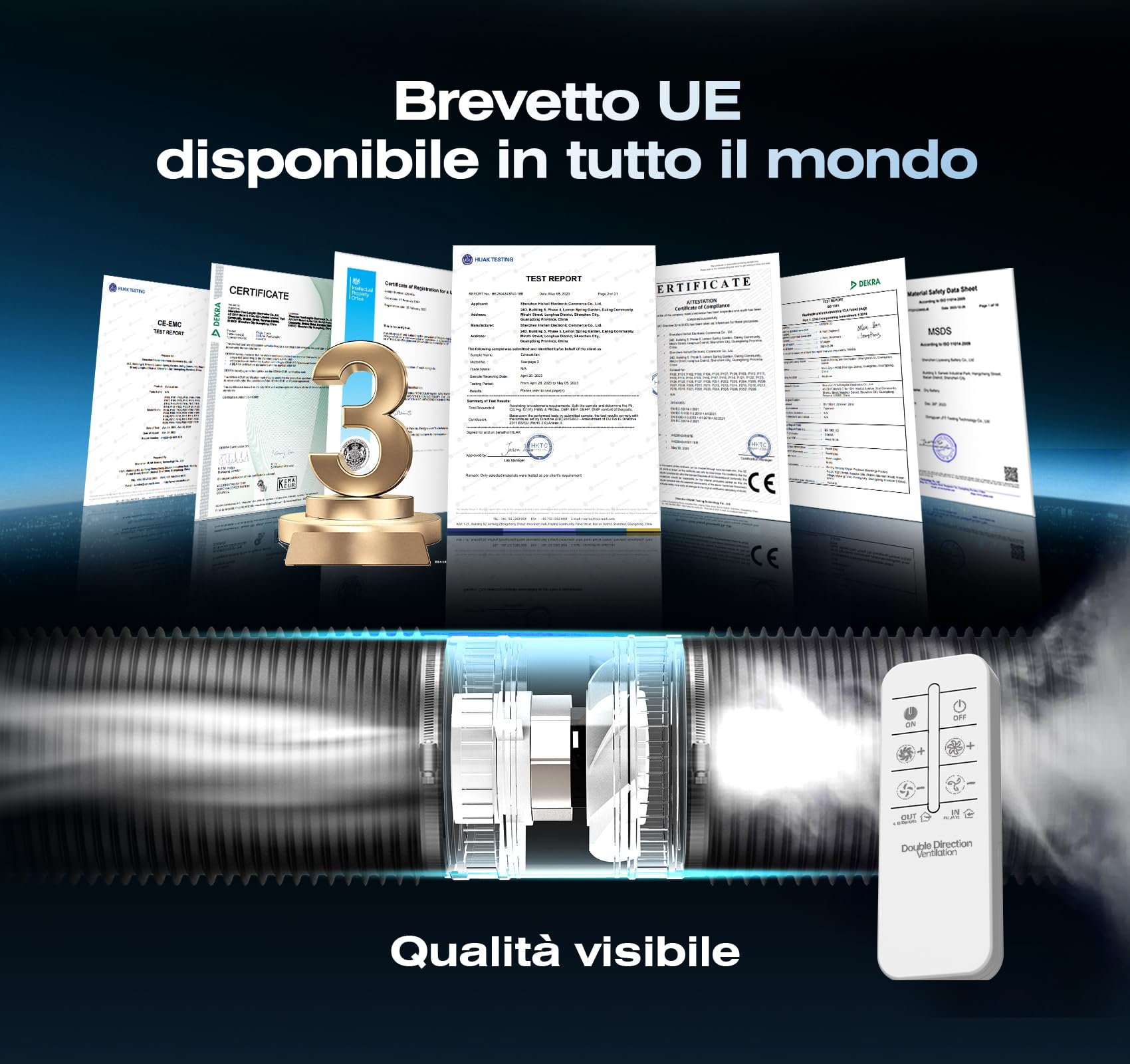 Estrattore Aria 100mm Bidirezionale 6 Velocità Telecomando – Ventola Aspirazione Silenzioso Potente con Protezione dal Surriscaldamento, Ventilatore a Condotto, Aspiratore Bagno Cucina Tenda