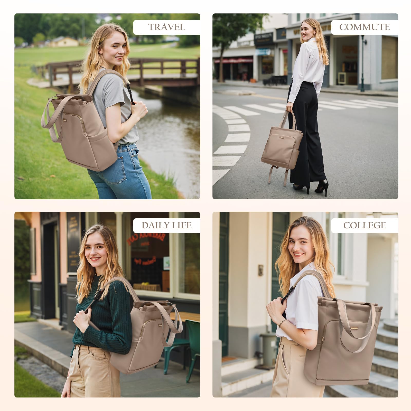 GOLF SUPAGS Zaino Convertibile per Donna Laptop Casual Travel Bag Notebook per Lavoro College Viaggi di Piacere(Champagne)