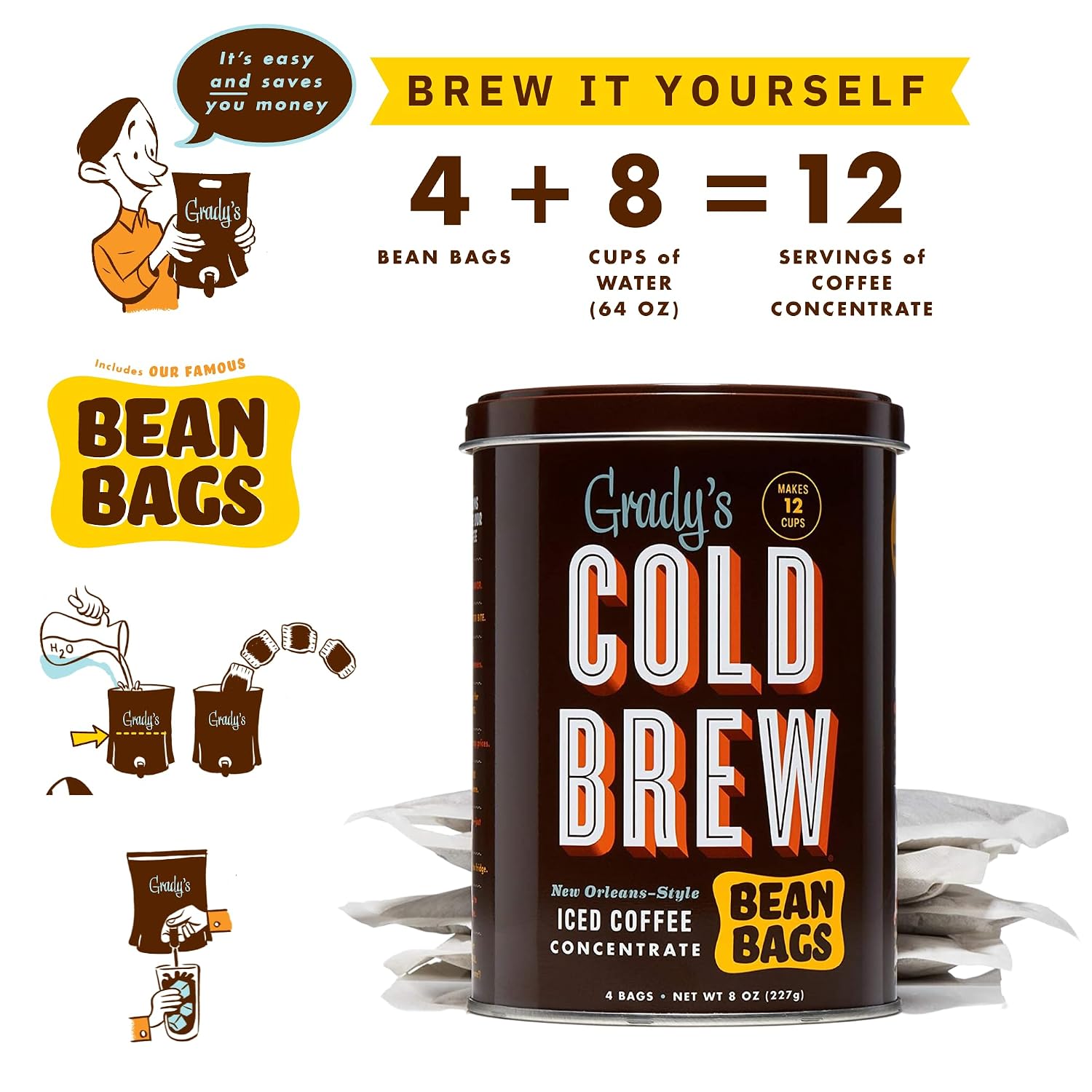 Grady's Cold Brew Coffee | Two Cans of Cold Brew Coffee Concentrate | 8 Bean Bags Makes 24 Total Servings