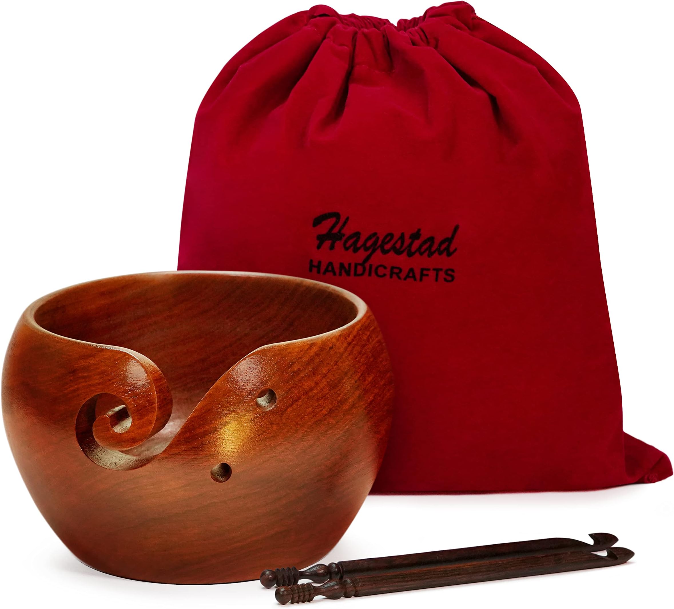Yarn Bowl Large -7x4in, Wooden Crochet Bowl, Yarn Bowls for Knitting with Crochet Hooks & Travel Pouch. Perfect for Knitting & Crocheting