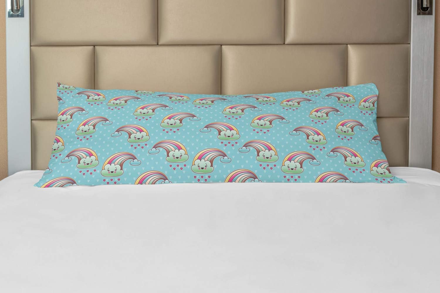 Ambesonne Anime Body Pillow Case Cover with Zipper, Cartoon Rainbow Clouds with Smiling Faces on Pale Blue Background with Hearts, Decorative Accent Long Pillowcase, 21" x 54", Pale Blue
