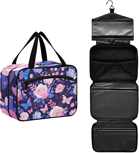 Miniatura 2 de Purple Peach Elegant Blooms bolsas de aseo de viaje colgantes para mujeres con gancho, bolso esencial de diseñador para el cuidado de la piel