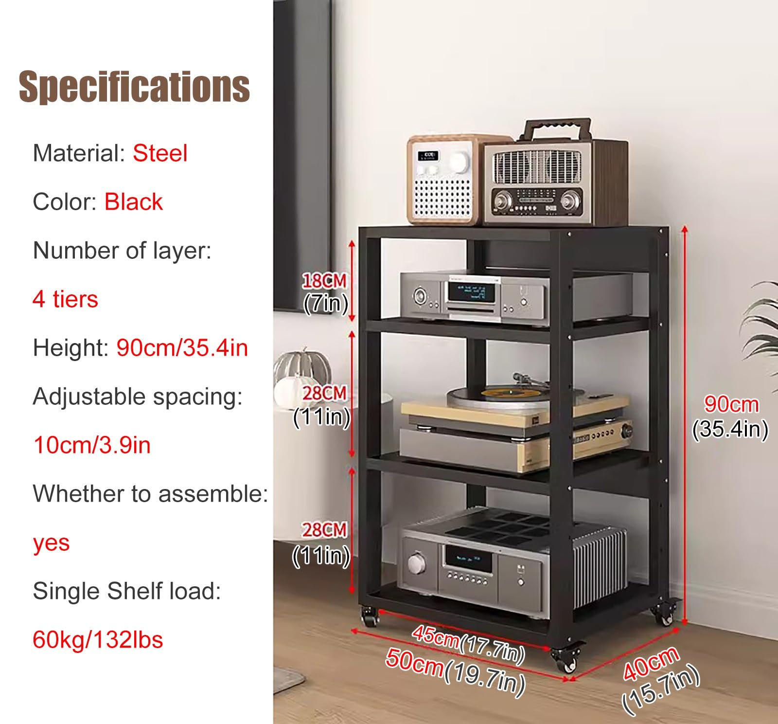 Regał na kółkach, 2, 3, 4, 5 poziomów, stojak na kółkach, stojak na kółkach, stojak na kółka, stojak stereo, organizer audio-wideo, wys. 90 cm do 4