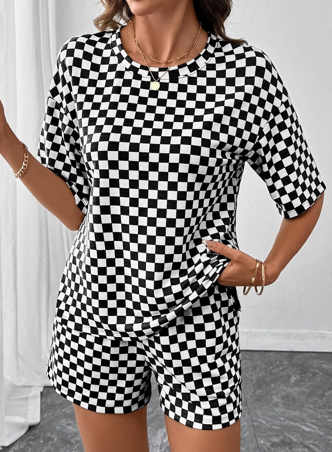 SHEWIN Women's Plaid 2 Piece Short Sets Matching Shorts Sweatsuit image 3