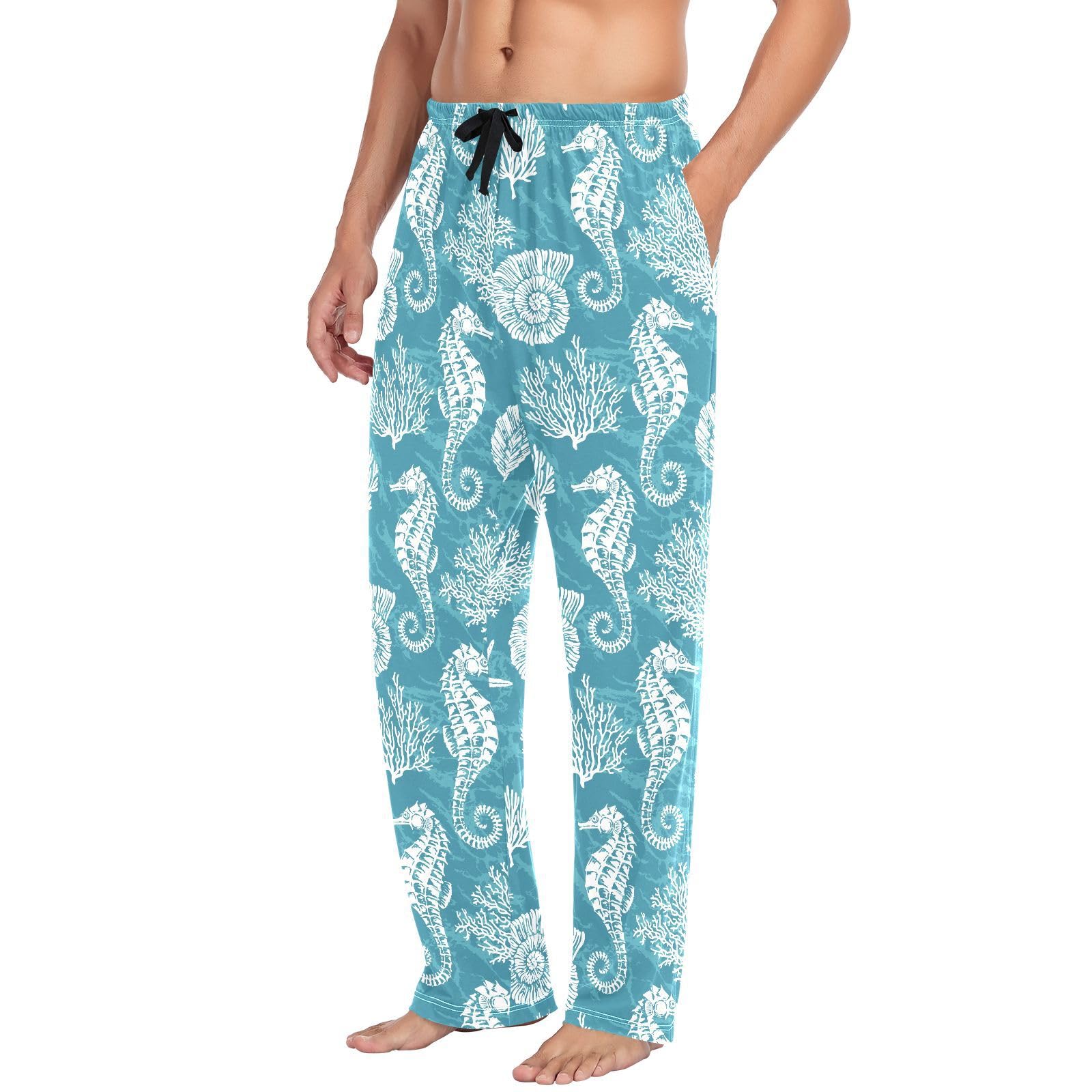 Herren-Pyjamahose mit Muschel, Seepferdchen, Koralle, 100 % Baumwolle, Schlafhose, gerade Passform, Pyjamahose mit Taschen, Kordelzug, Größe L, mehrfarbig, L