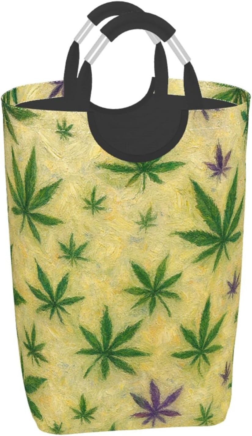 50l Laundry Basket Natural Weed Leaves Waterproof Laundry Hamper Foldable Clothes Laundry Bag With Handles