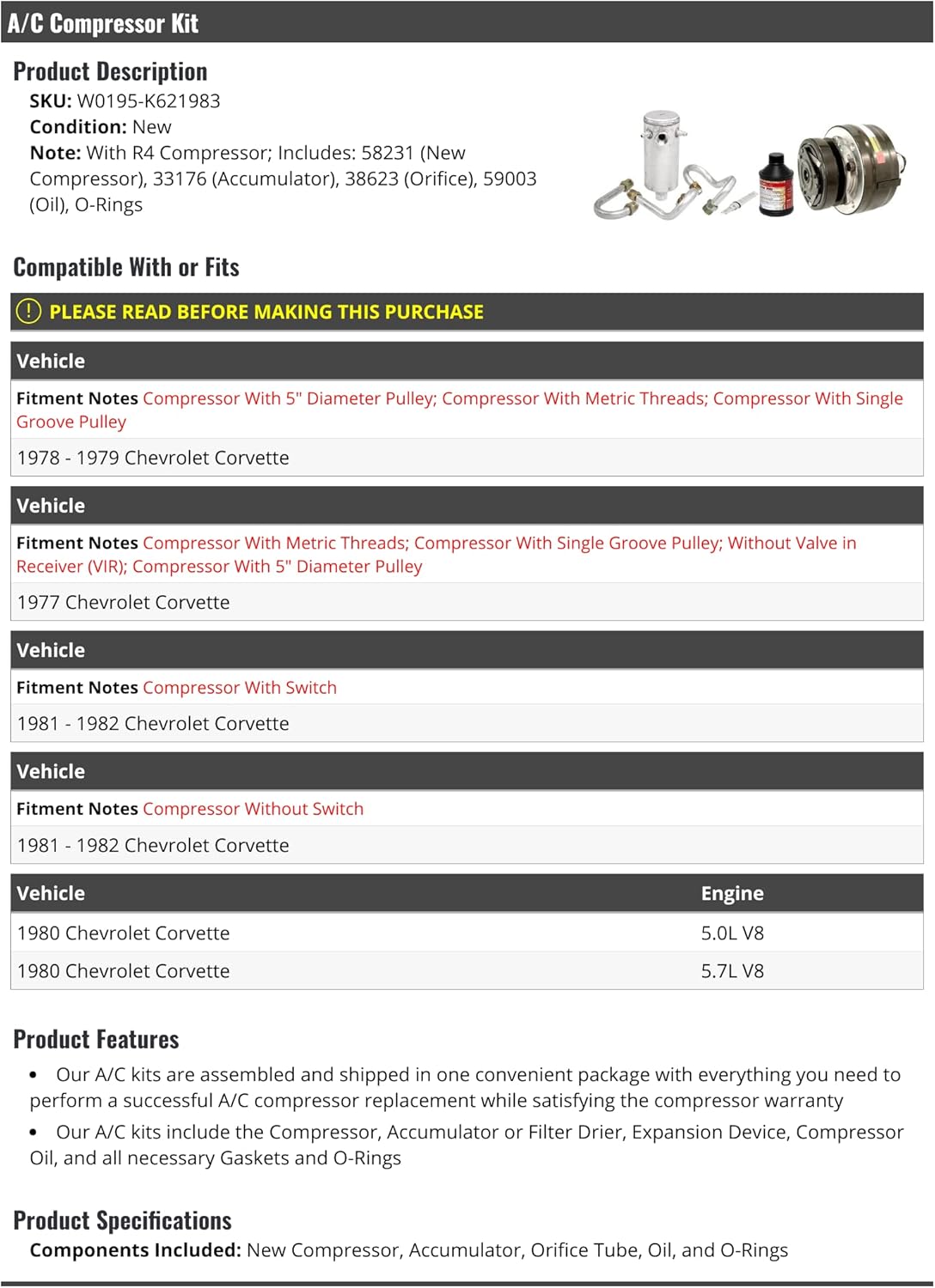 A/C Compressor Kit - Compatible with 1977-1982 Chevy Corvette