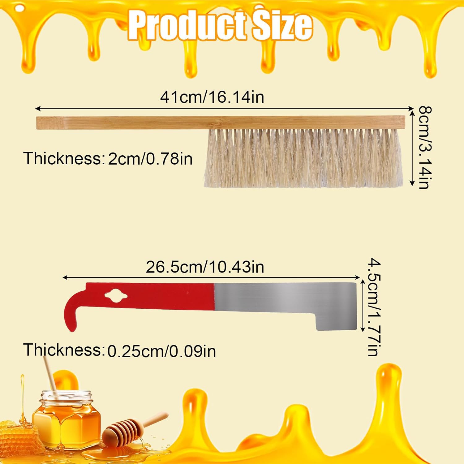 PEUTIER 2pcs Bee Hive Brush and Bee Hive Scraper Set, Metal J Hook Bee Hive Tool Hive Frame Lifter Gripper Bee Brush with Wooden Handle Beekeeping Supplies Equipment for Bee Keepers