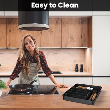 Cutlery Drawer Organiser, Extendable Kitchen Drawer Organiser Storage Trays, Compact Plastic Cutlery Tray for Knives, Forks and Spoons, Large (Black)
