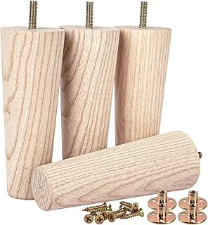 4 inch / 10cm Ash Wood Furniture Legs, Btowin VCF 4Pcs Mid-Century Modern Unfinished Wooden Tapered Replacement Feet with Threaded 5/16'' Hanger Bolts & Mounting Plate & Screws for Sofa Couch Cabinet