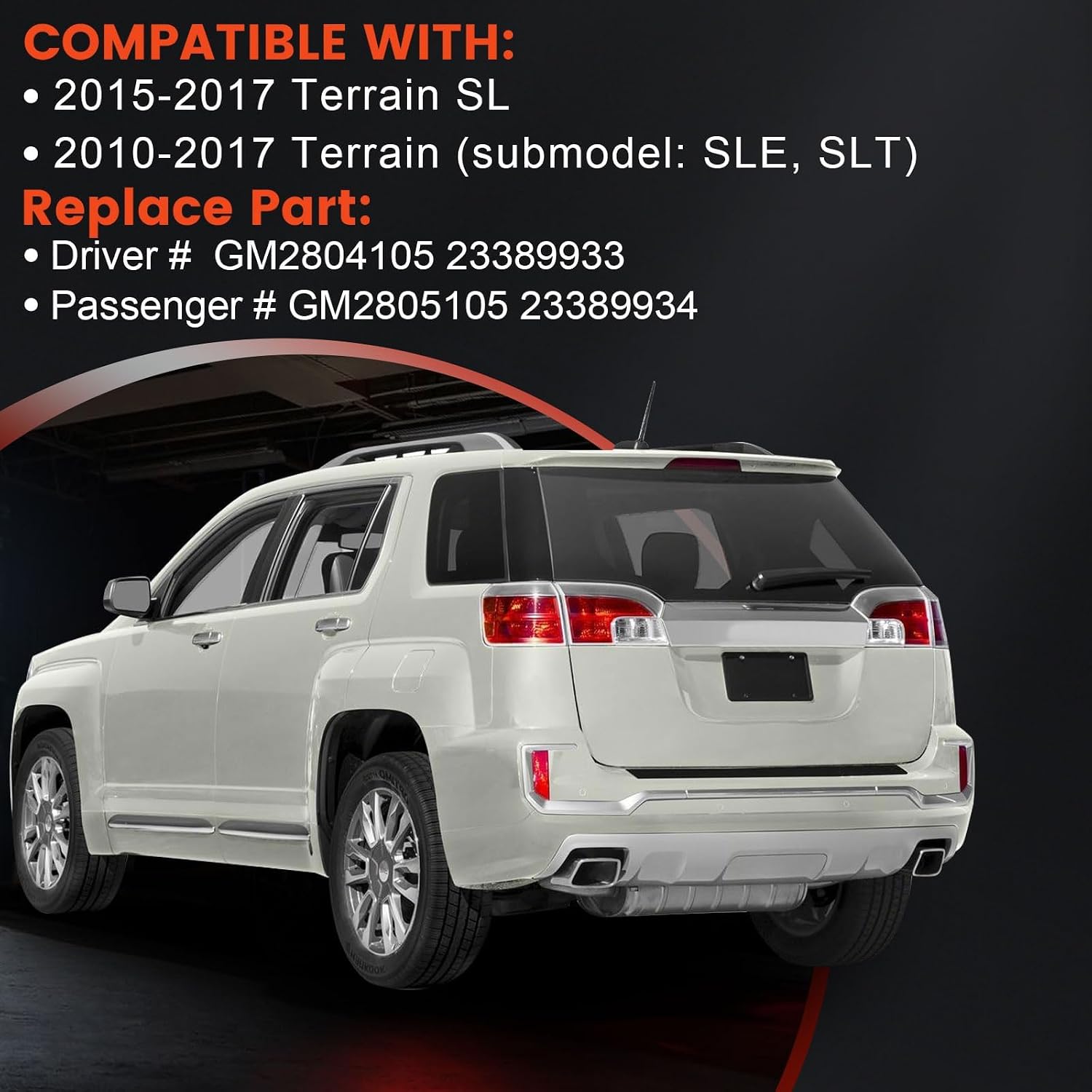 Tail Lights Outer Compatible with 2015-2017 GMC Terrain SL 2010-2017 SLE SLT Halogen Type Brake Rear Lamp Taillights Replacement for GM2804105 23389933