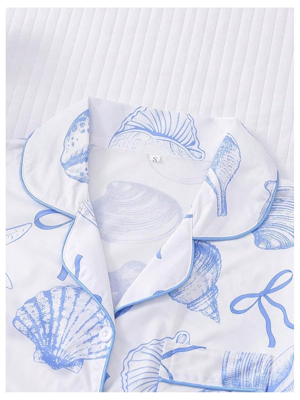 WDIRARA Women's Two Piece Animal Print Short Sleeve Button Shirt and Elastic Waist Shorts Pajama Set White Blue Small by WDIRARA - Used condition - Image 3
