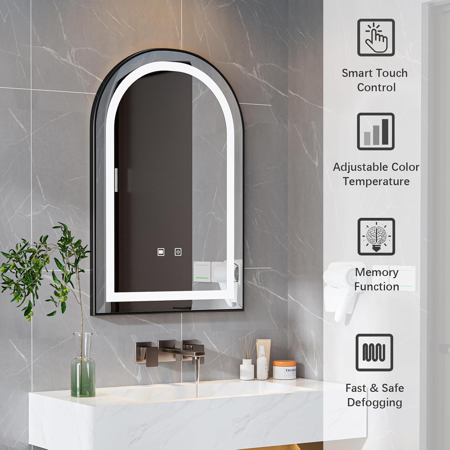 LED Bathroom Mirrors with Lights,24"x36"Black Arched Mirror for Bathroom,Fogless,3 Colors Dimmable,Anti-Fog,Wall Mounted Lighted Vanity Mirror,Black