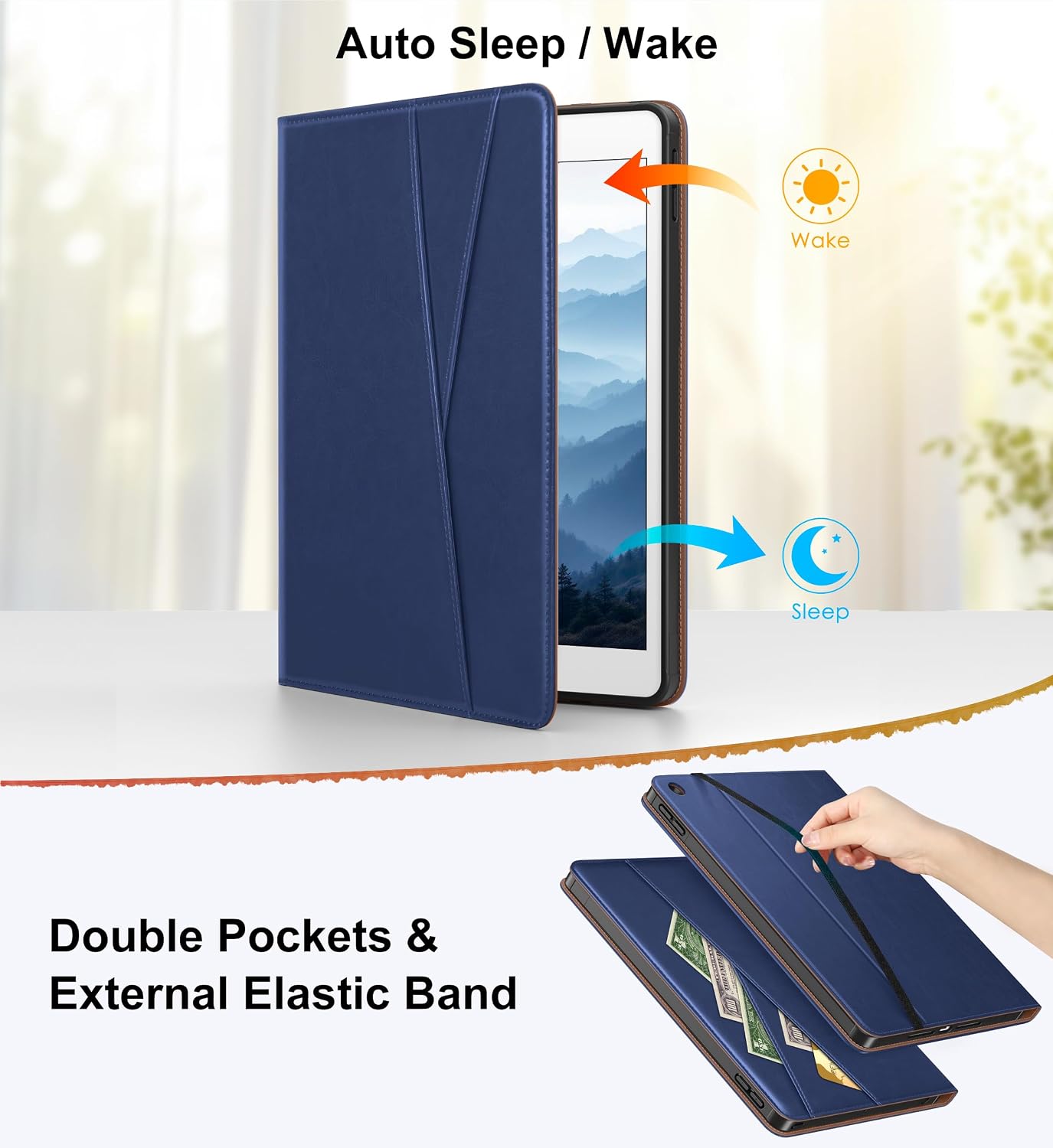 DTTO Rotating Case for iPad 9th/8th/7th Generation 10.2 Inch 2021/2020/2019, 360 Degree Swiveling Premium Leather Folio Stand Cover with Pencil Holder - Auto Wake/Sleep and Hand Strap, New Navy Blue