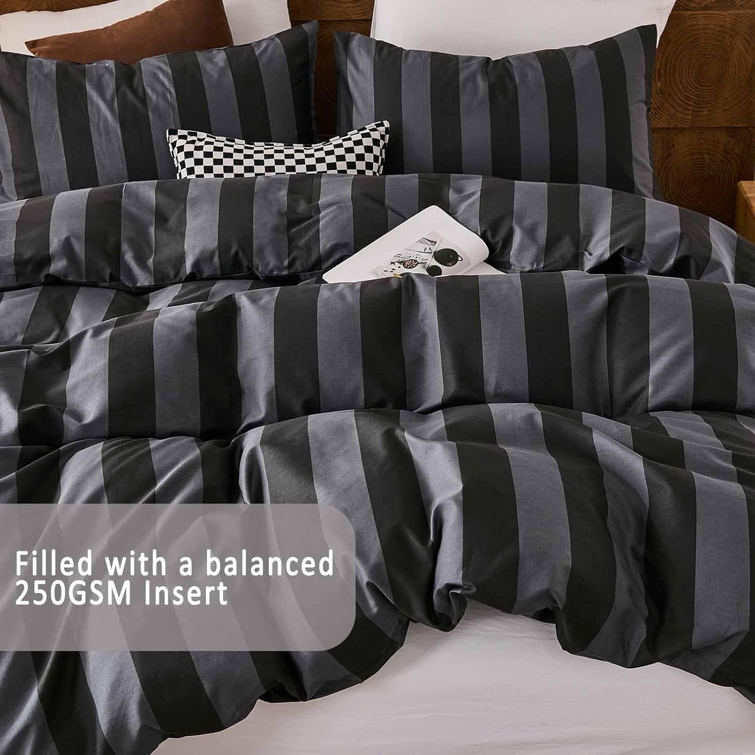 Merryword Black and Gray Striped Comforter Set Queen, 100% Cotton Reversible Comforter Set 3 Pcs, Luxury Linen Like Bedding, Soft Breathable Lightweight Comforter for All Seasons