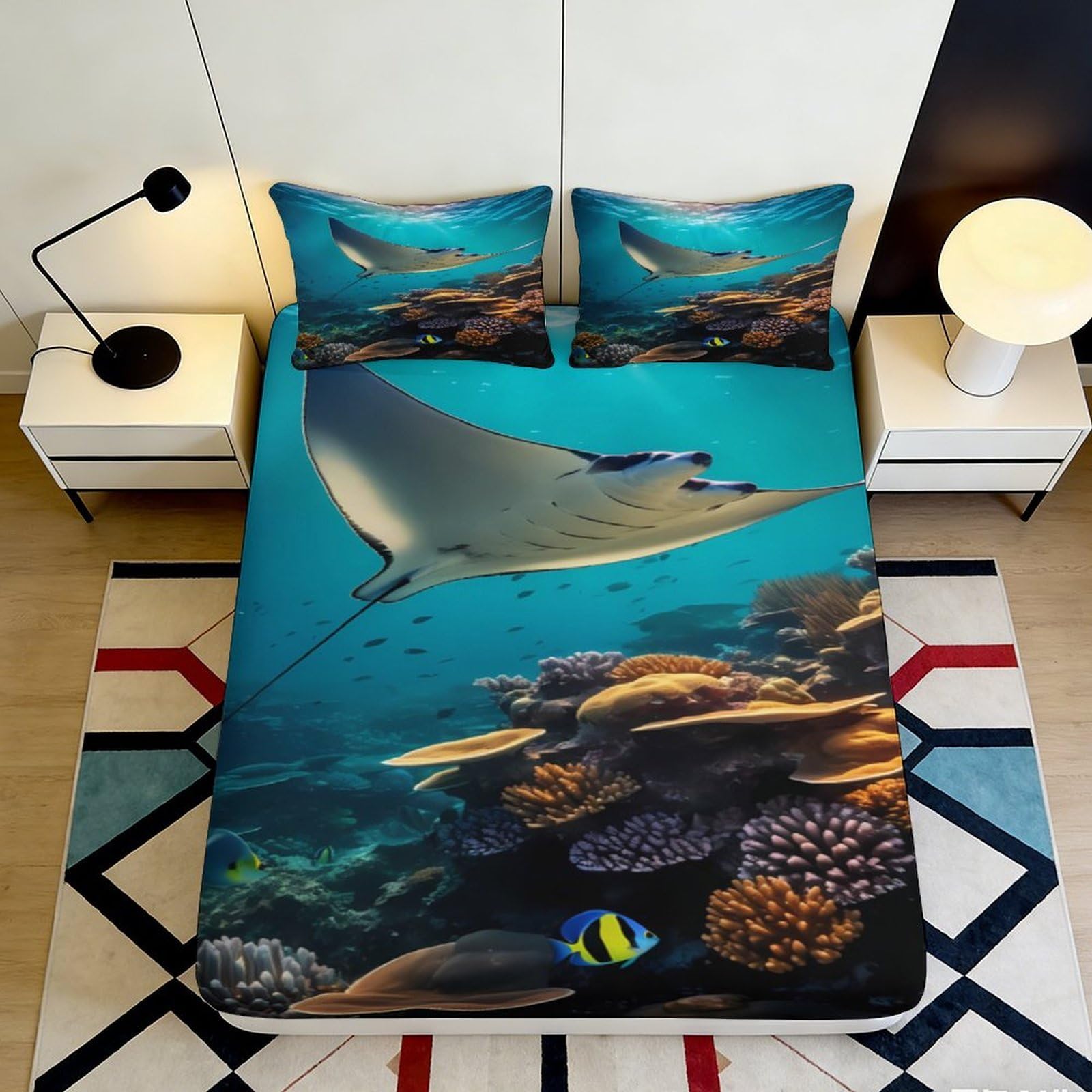 3D Printed Manta Ray Coral Reef Fitted Sheet Microfiber Anti-Slip Mattress Cover for Bedroom Dorm Decor 120x200cm 140x200x25cm