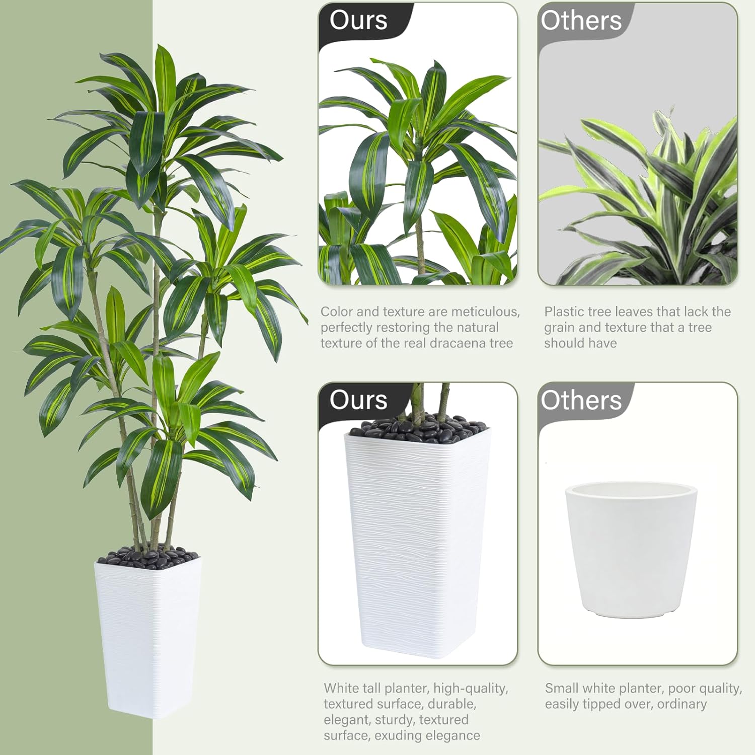 Artificial Dracaena Tree, 6FT Artificial Plants Indoor with White Tall Planter, Faux Yucca Silk Tree Fake Tropical Floor Plant in Pot, Fake Plants for Home House Room Office Entryway Porch Decor