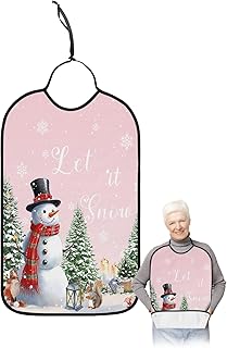 Kewadony Adult Bibs for Elderly Women - Pink Christmas Snowman Waterproof Dining Clothing Protectors with Crumb Catcher for Eating/Feeding, Xmas Tree Winter Snowflake Terry Cloth Bib Machine Washable