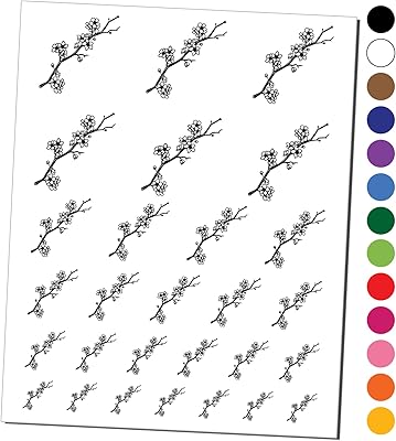 Cherry Blossom Flowers Tree Branch Temporary Tattoo Water Resistant Fake Body Art Set Collection - Black (One Sheet)