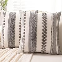 WANLIRD Boho Striped Throw Pillow Covers 18x18 Set of 2 Gray Chenille Farmhouse Cushion Cases for Sofa Couch Bed