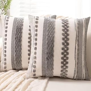 WANLIRD Boho Striped Throw Pillow Covers 18x18 Set of 2 Gray Chenille Farmhouse Cushion Cases for Sofa Couch Bed