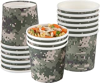 Restaurantware-Bio Tek 12 Ounce Soup Containers, 25 Durable Soup Bowls - Disposable, Sustainable, Camouflage Print Paper Cups, Round, For Hot Or Cold Foods