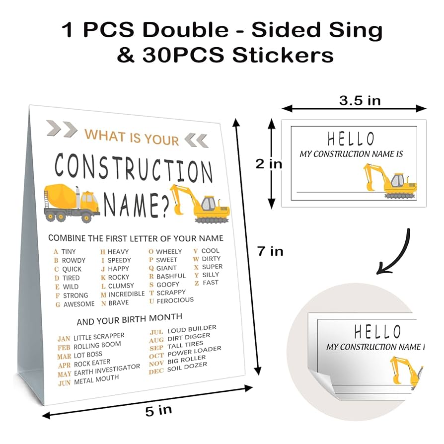 Amazon.com: What is your Construction Name game - Construction Birthday Party Game, Boy Birthday Supplies, Activity, Decorations(1Construction Theme Sign and 30 Name Tag Stickers) : Home & Kitchen amazon-com-what-is-your-construction-name-game-construction-birthday-party-game-boy-birthday-supplies-activity-decorations-1construction-theme-sign-and-30-name-tag-stickers-home-kitchen
