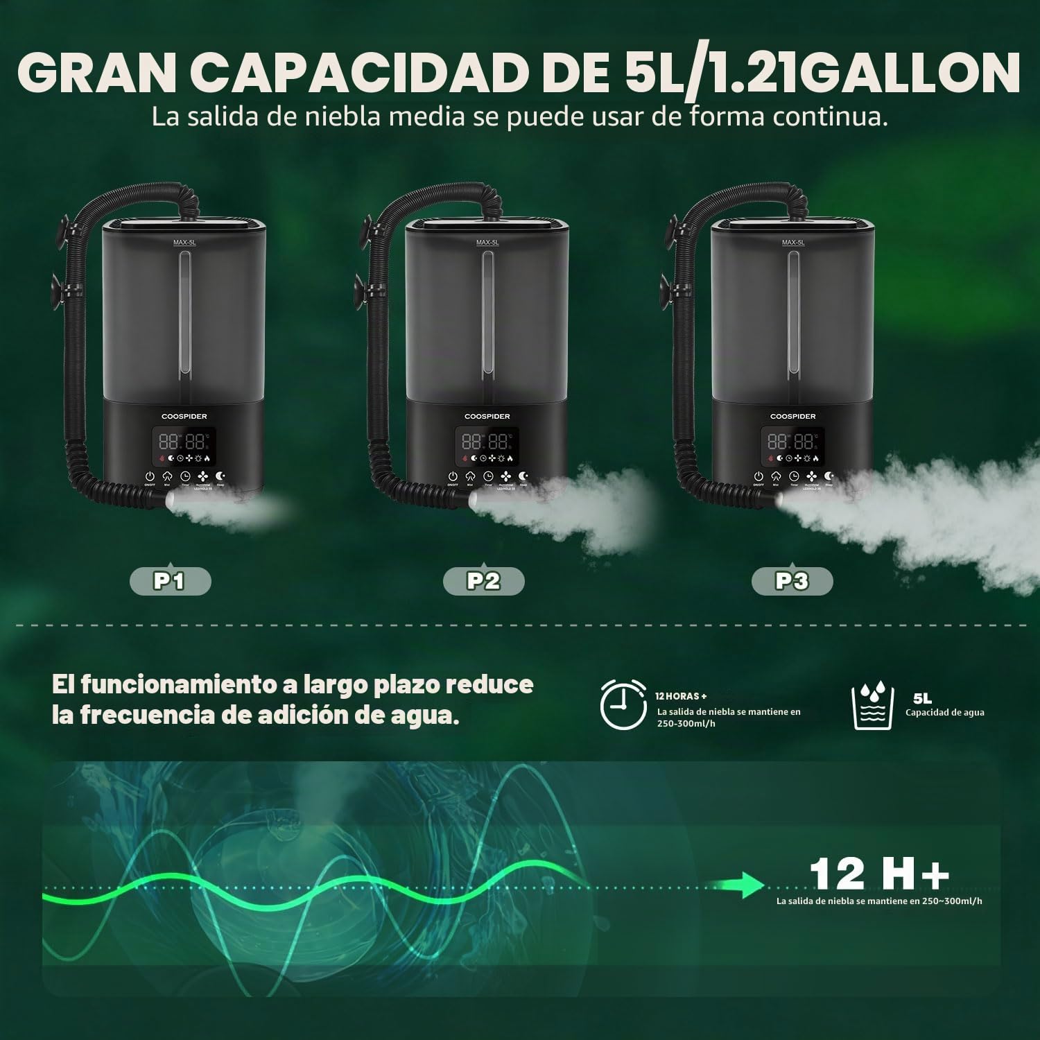 Tararium Nebulizador de terrario de 5 litros con temporizador y sensor de humedad – Humidificador automático de reptiles para serpientes, camaleones, tortugas – niebla ultrasónica silenciosa