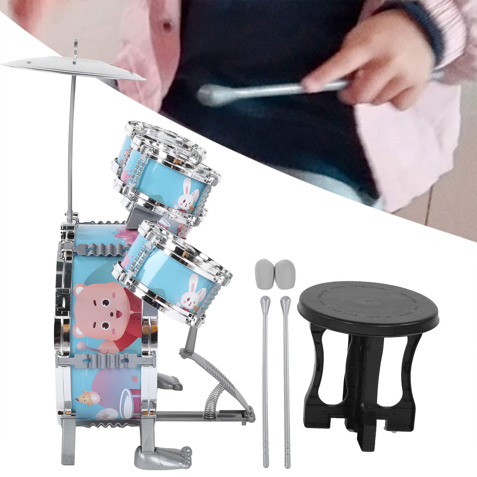 Set di Batteria per Bambini Strumento Musicale Educativo per Ragazzi da 1 a 6 Anni Plastica Ecologica 5 Tamburi 1 Piatto (Blu)