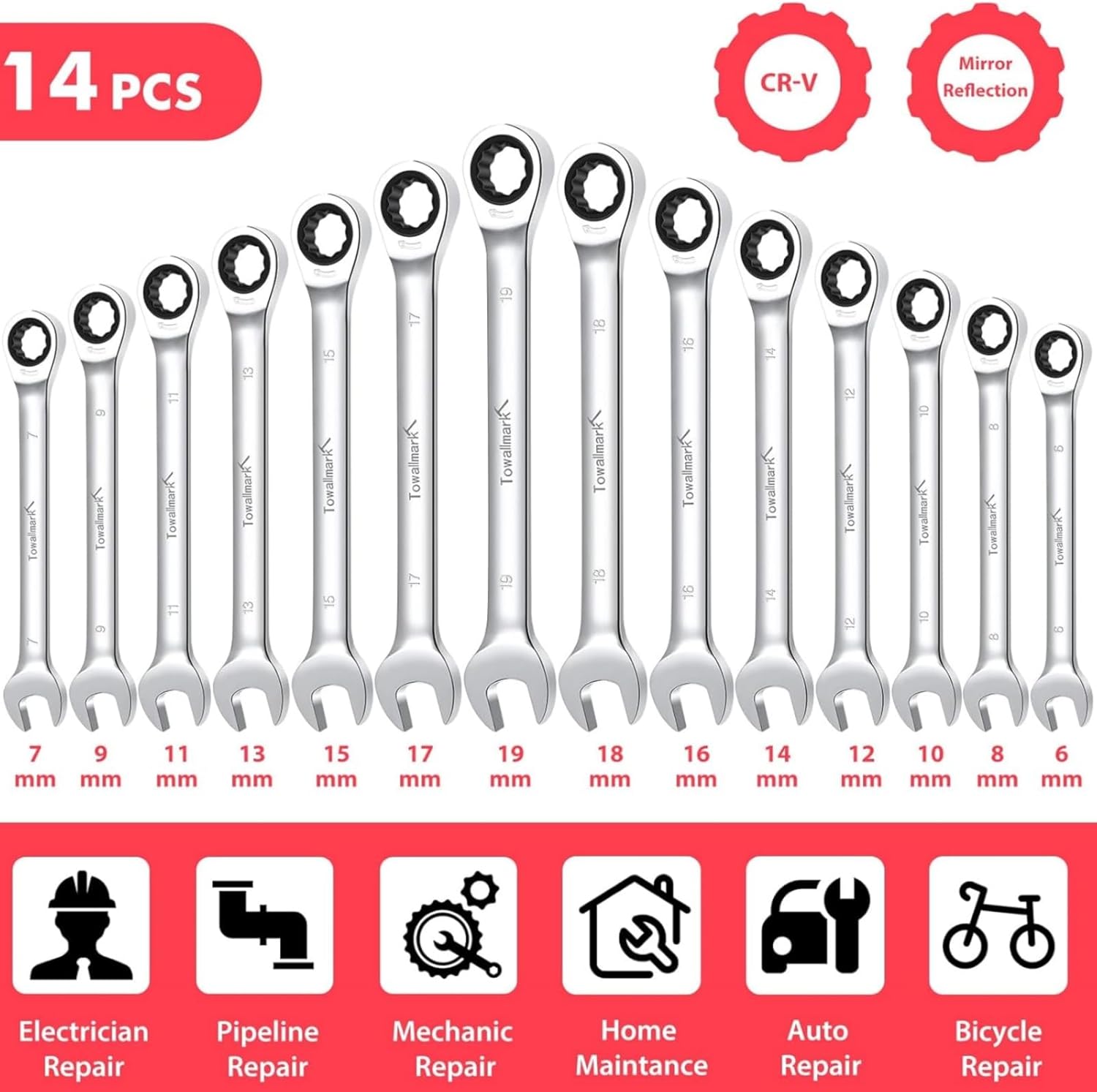 Towallmark Ratcheting Wrench Set 14pcs, Metric Fixed Head Wrench Set, Metric 6-19mm, Cr-V Steel Ratchet Wrenches Set with Storage Bag for motorcycle/car/mechanical etc.