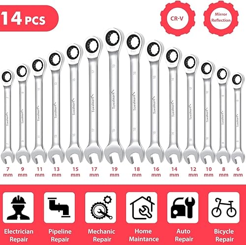 Miniatura 3 de Towallmark Juego de llaves de trinquete de 14 piezas, juego de llaves métricas de cabeza fija, métricas de 0.236-0.748 in, juego de llaves de