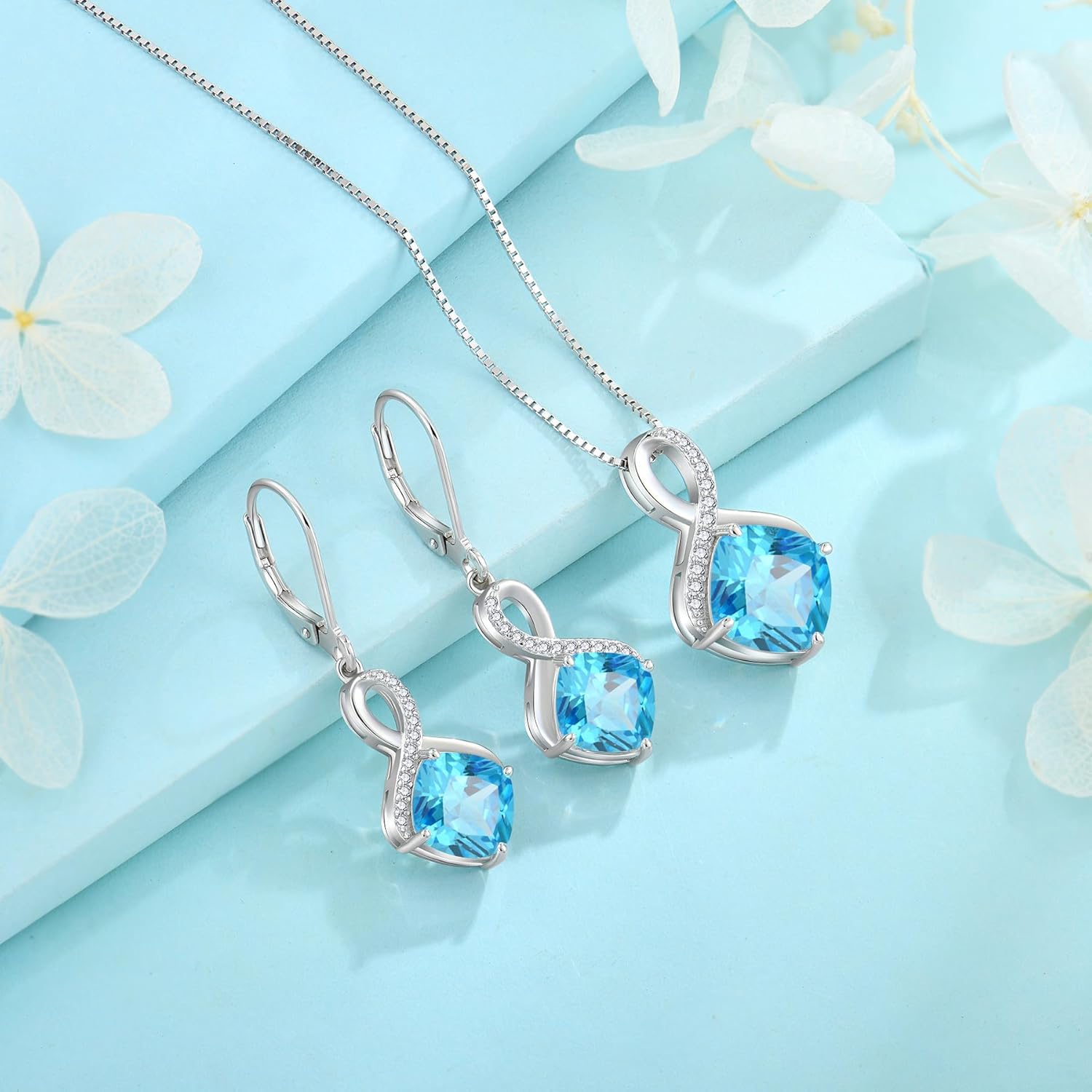 FJ Princess Cut Dangle Drop Earrings 925 Sterling Silver Infinity Leverback Earrings Birthstone Jewelry Gifts for Women - Image 5