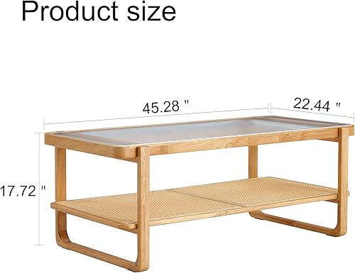 Miniatura 2 de TesNus Mesa de centro de madera maciza, moderna mesa de centro de ratán pequeña con estante de almacenamiento de 2 niveles, mesa de té rectangular