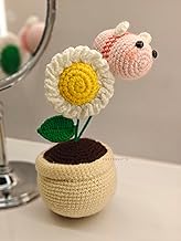 Handmade Crochet Daisy and Pink Bee in Pot, 20 cm Height, Premium Cotton Yarn, Decorative Table Piece