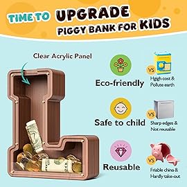 Summidate Wooden Letter Piggy Bank, Extra Thick Large Capacity Piggy Bank for Kids Boys Girls Toddler, Alphabet L Money Bank| Coin Box Birthday, Christmas, Festival