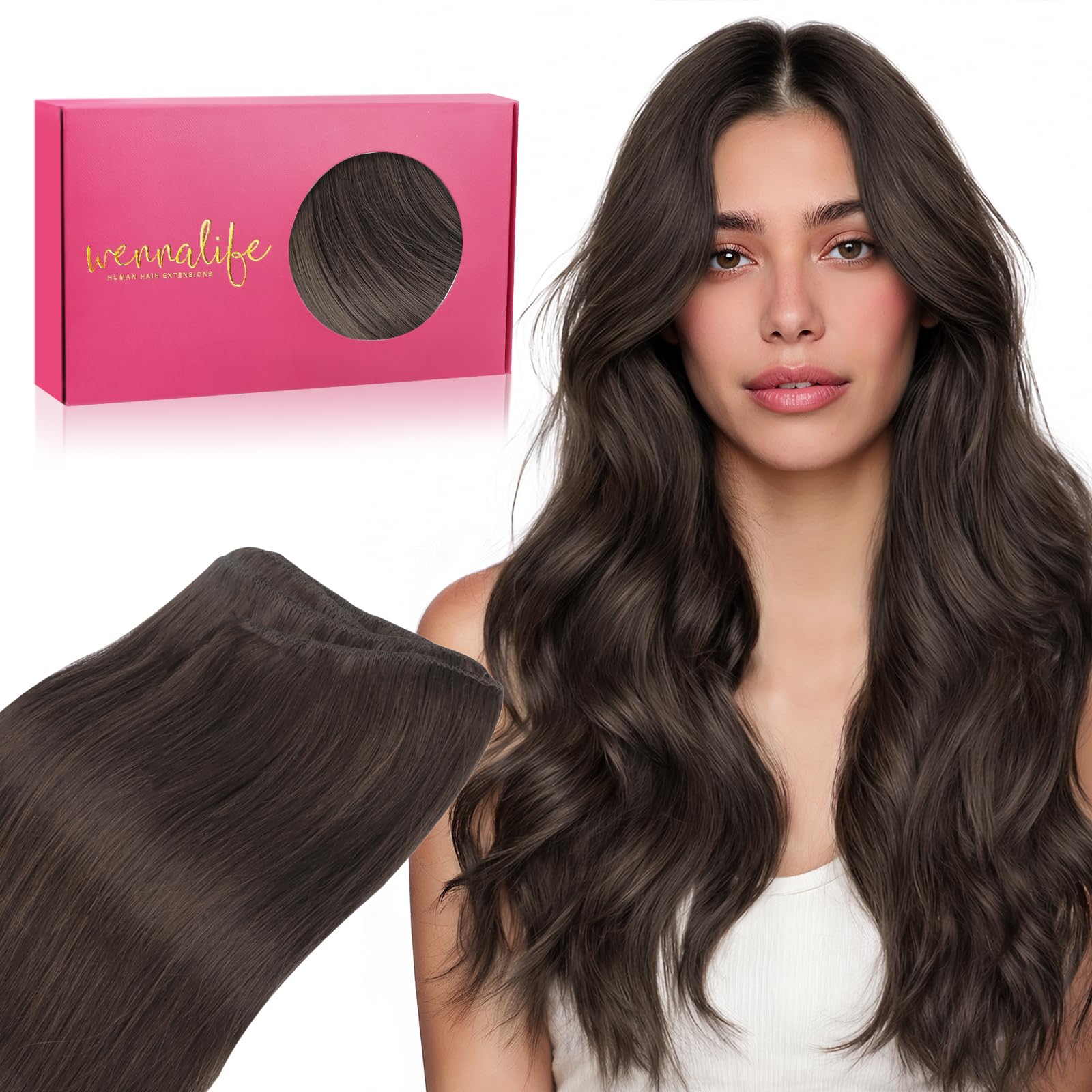 WENNALIFE Sew in Hair Extensions Real Human Hair, 24 Inch 120g Dark Brown Machine Weft Remy Hair Hand Tied Weft Straight Extensiones De Cabello Hmano