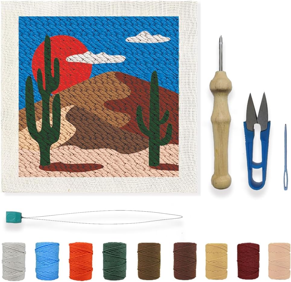 BEUNITONE Desert Landscape Punch Needle Kits for Adults Beginner, DIY Easy Hand Embroidery Kits for Starter Art Craft and Home Decor, Needling Punch Project with Tools, Yarns, Instruction