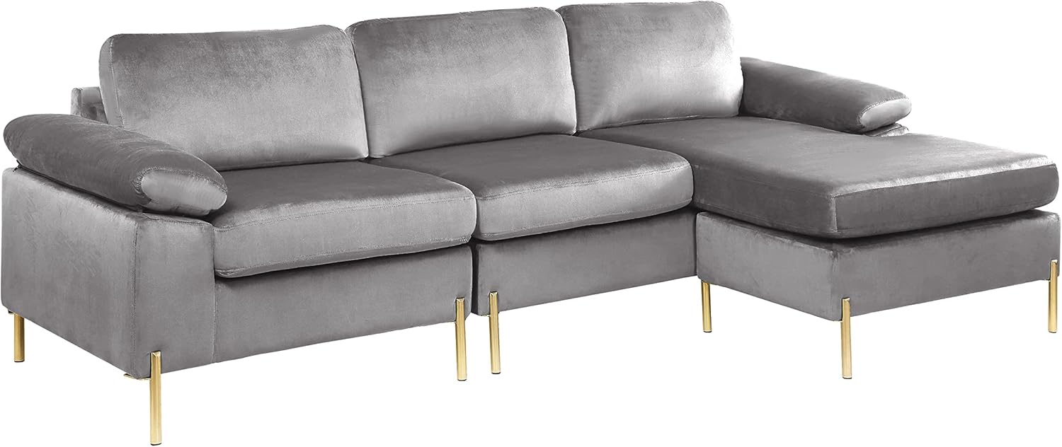 Velvet Upholstered Sectional Sofa with Chaise,L-Shape 3 Seater Couch with Metal Legs and Removable Back Cushion for Living Room,Apartment,Office,Gray