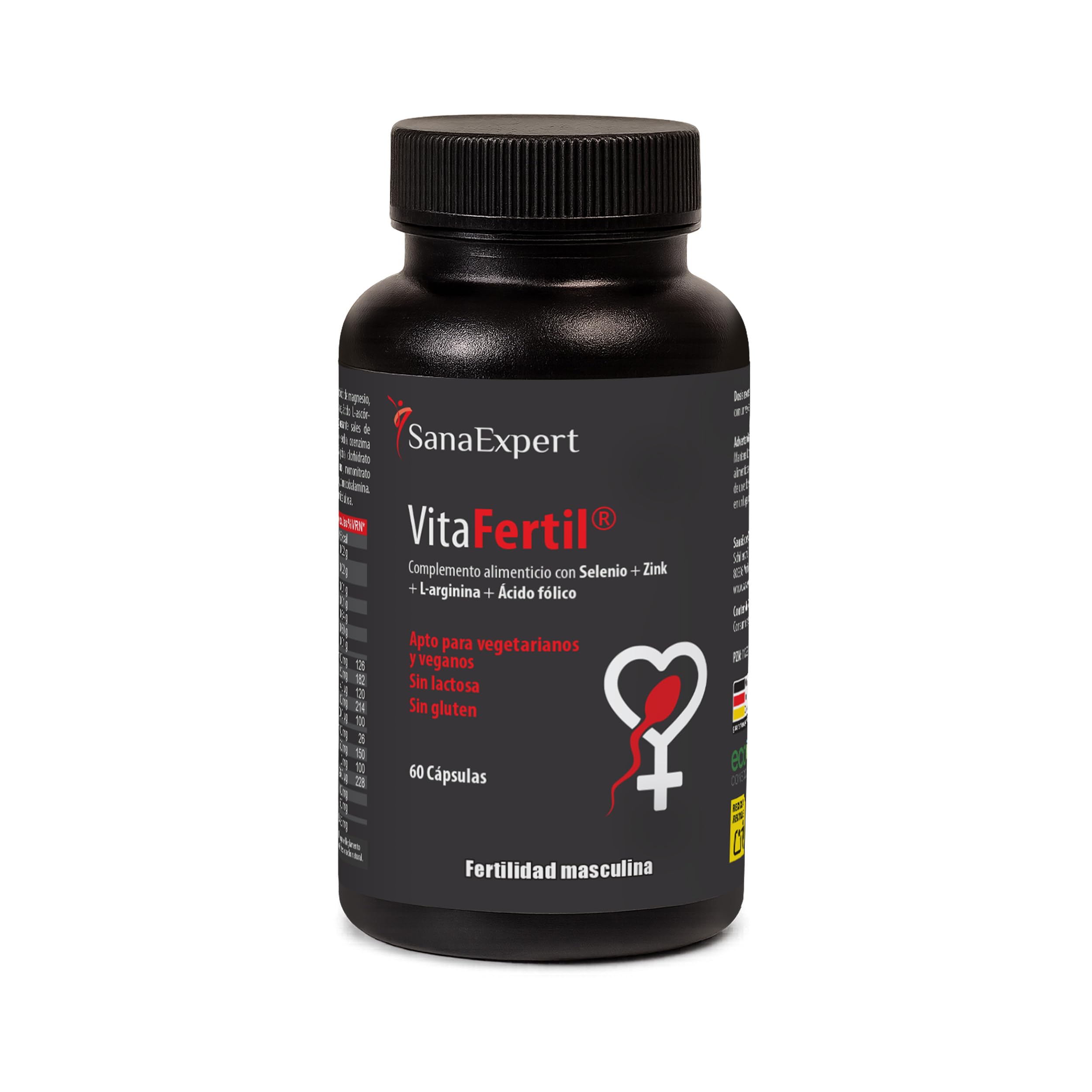 SanaExpert VitaFertil – Complemento Nutricional para Hombres – Con L-arginina, Zinc y Vitaminas Esenciales – 60 Cápsulas – Fabricado en Alemania