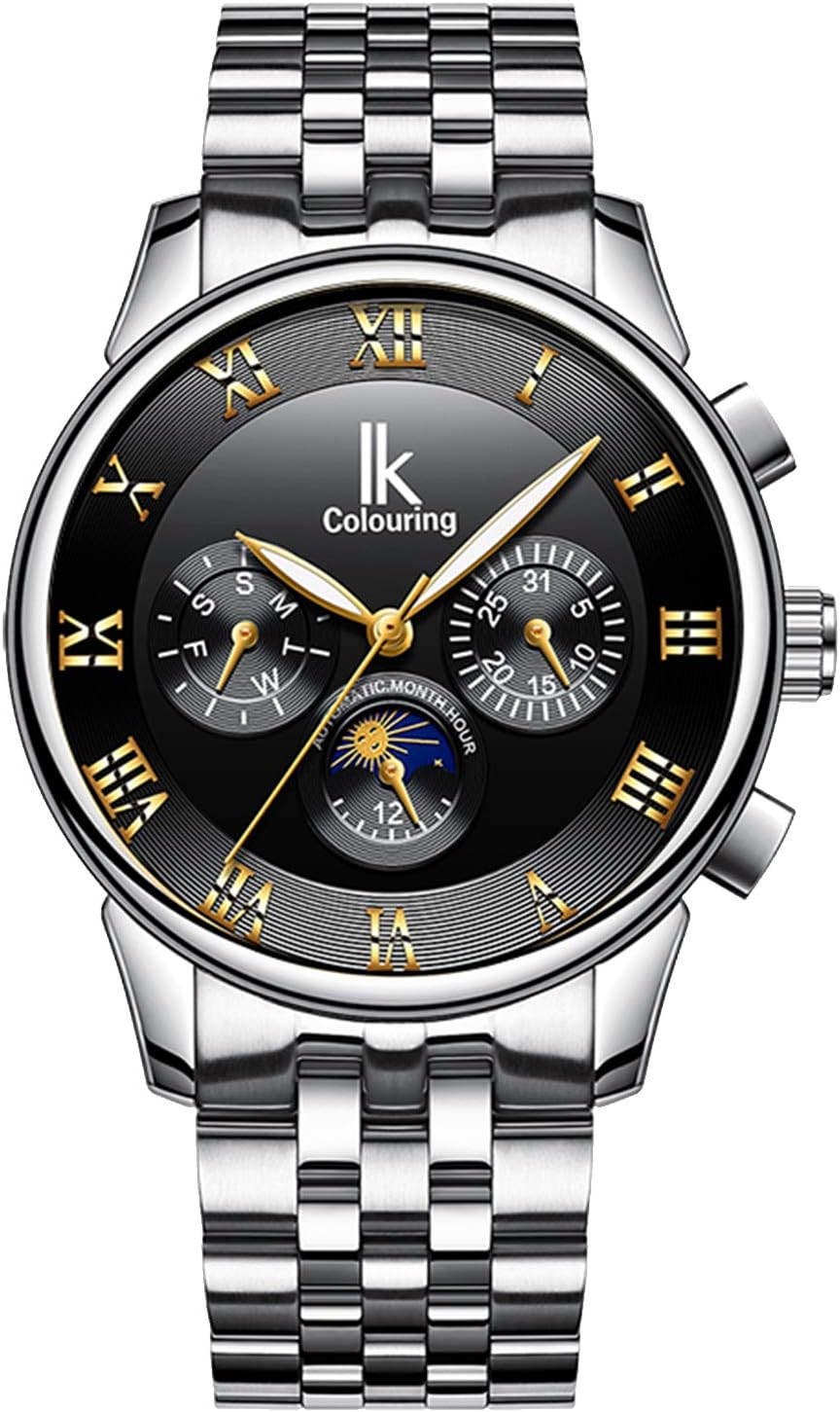 Gute Men's Mechanical Watch Automatic Moon Creative Waterproof Calendar Weekly,Roman Numeral Business Casual Stainless Steel Strap