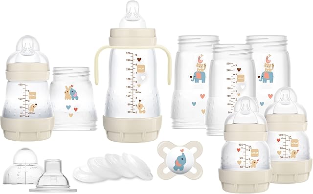 MAM Easy Start Self Sterilising Anti Colic Starter Set, Newborn Bottle Set and Soother, Newborn Essentials, White (Designs May Vary)