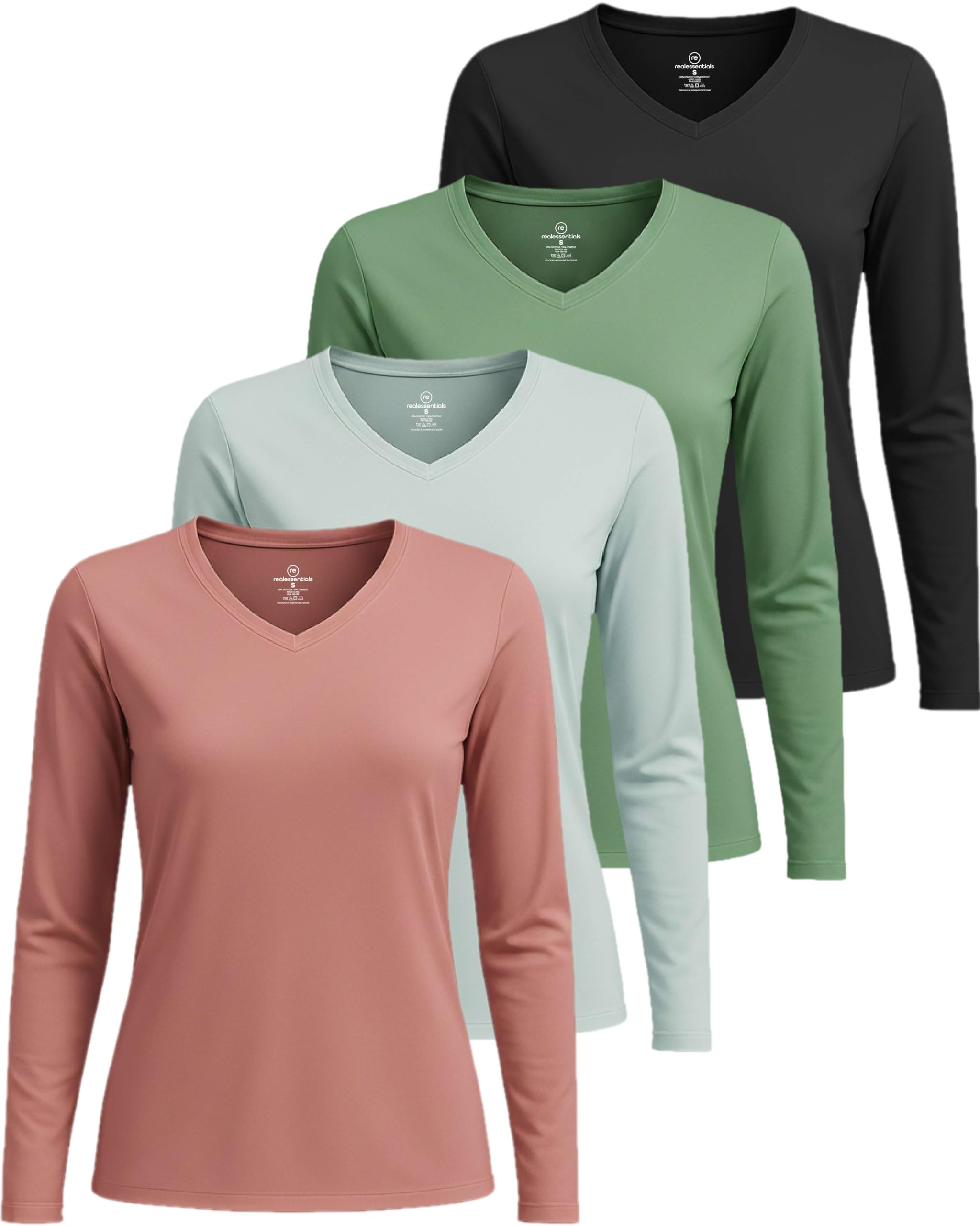 4 Pack: Women's Long Sleeve Dry Fit V-Neck T-Shirt - Active Athletic Workout Gym Top (Plus Available)