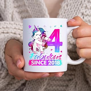 4 Years Old Unicorn Flossing 4th Birthday Girl Unicorn Party BlackMug, Tea Mug, Tea Cup, Coffee Cup