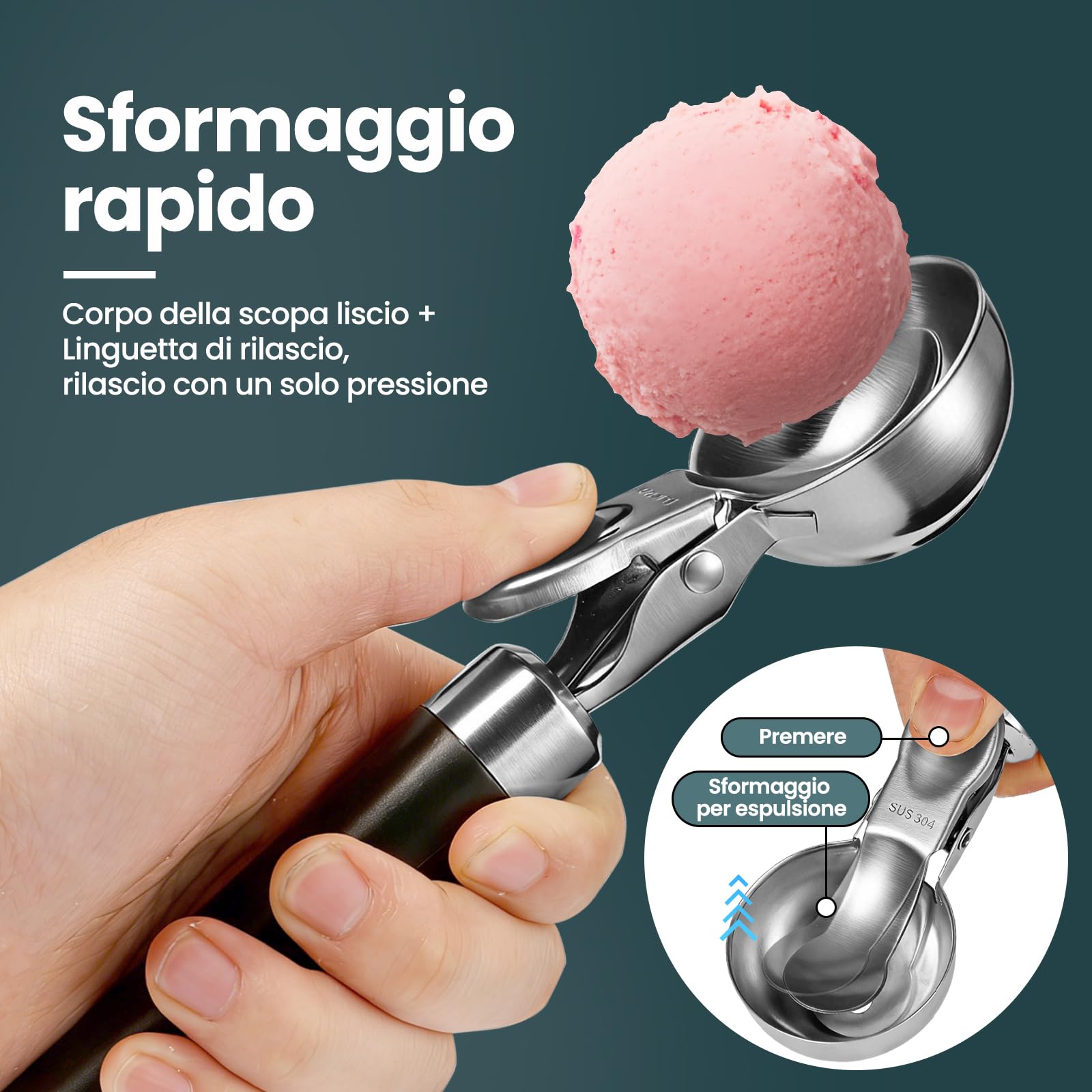 Porzionatore per Gelato in Acciaio Inox 21 cm - Cucchiaio per Gelato con Grilletto e Impugnatura Comoda, Antiadesivo