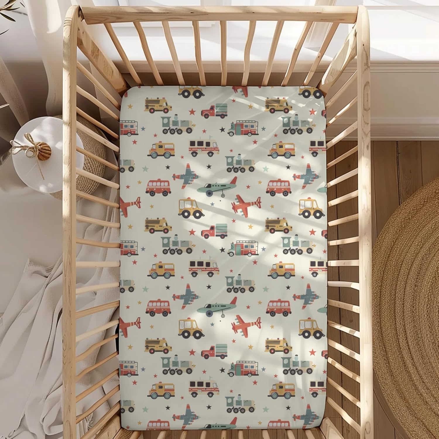Cartoon Car Plane Train Stars Pattern Baby Sheets for Crib, Unisex Transportation Nursery Fitted Bed Sheet for Boys Girls Standard Crib and Toddler Mattress-28x52