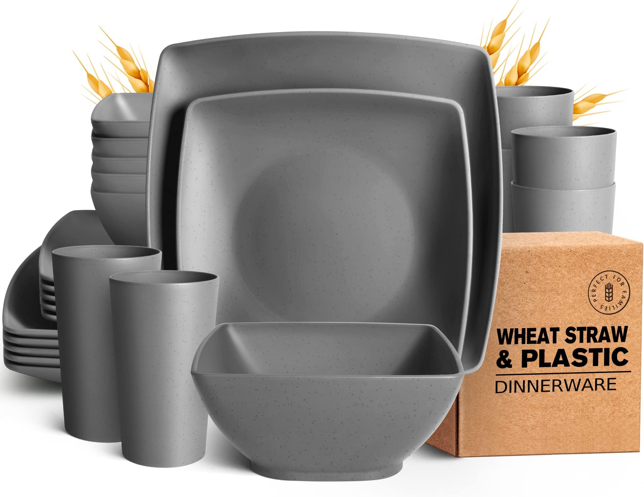 Teivio 24-piece Wheat Straw Square Dinnerware Set for 6, Unbreakable Dinner Plates, Salad Plates, Snack Bowls, Tumblers 20 oz, Dishwasher Safe (Service for 6 (24 pieces with flatware), Grey)